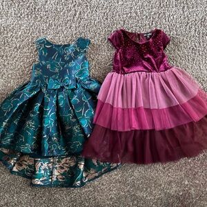 Girls Teal Floral High-Low Dress & Burgundy Tiered Velvet Dress Set